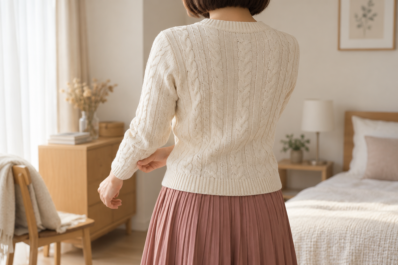 肩を覆うアイボリーのケーブルニットとローズ色スカートを着た女性の室内コーデ(後ろ姿)