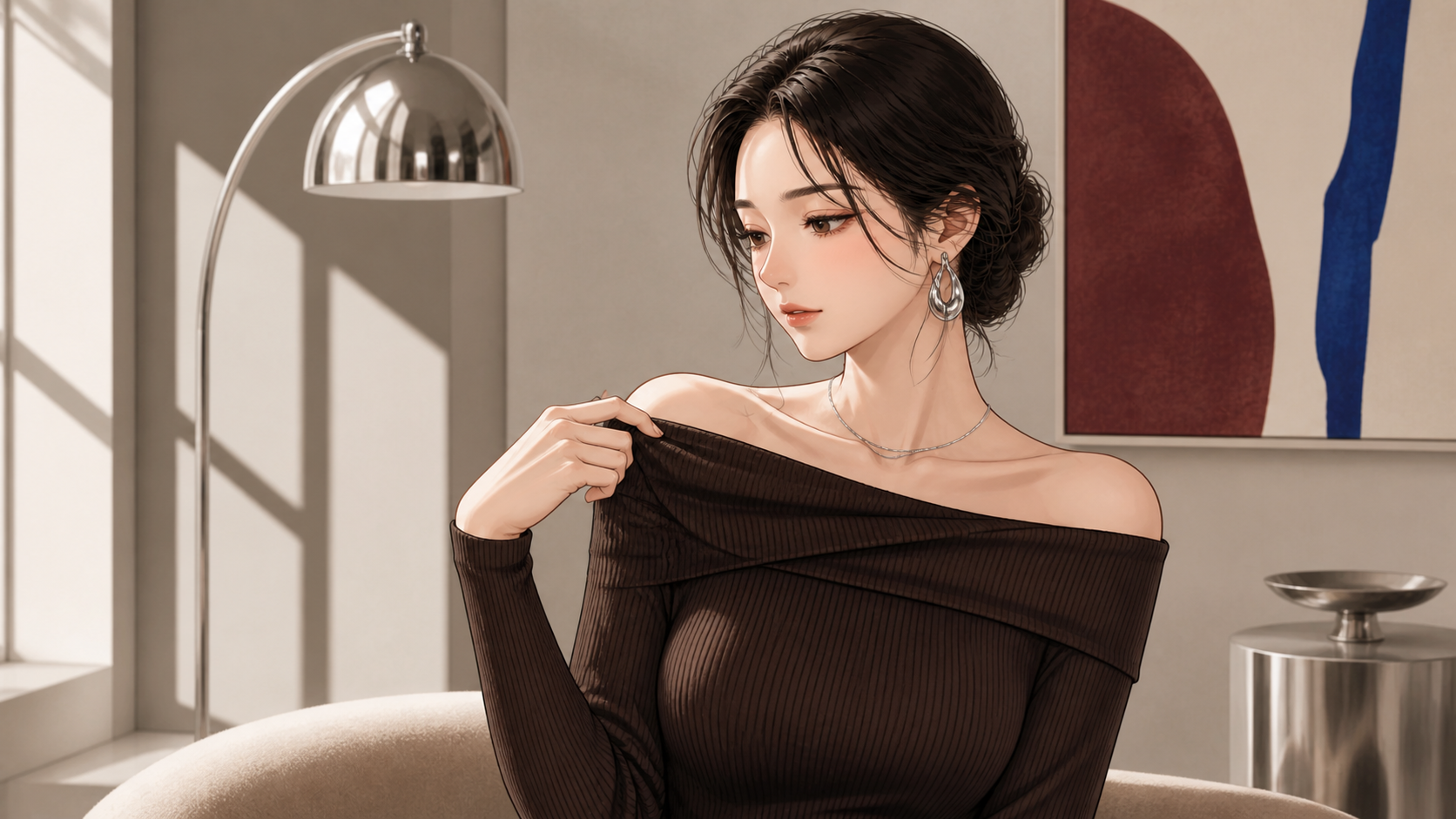 オフショルファッションの襟元を整える女性