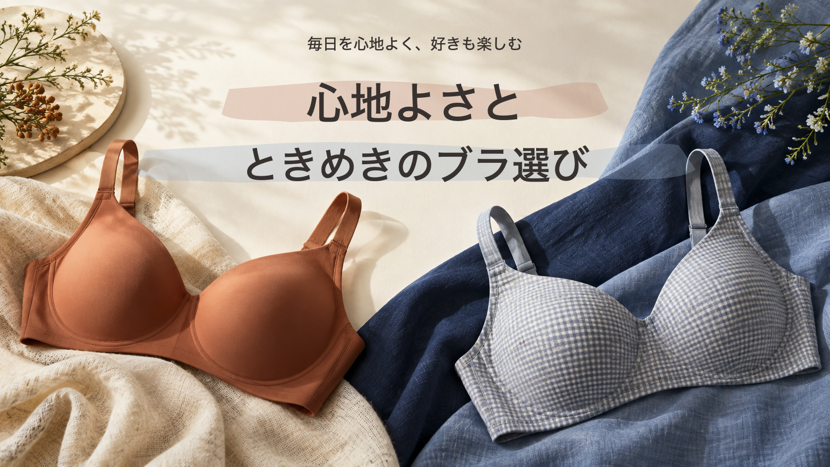 ベージュのリフィットブラとチェック柄のブラを並べた、心地よさとときめきのブラ選びを紹介するアイキャッチ画像