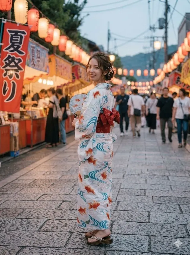夏祭りで浴衣を着て振り返る女性